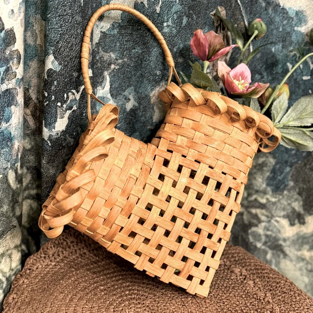 Vintage Rare Wall Hanging Heart Shaped Double Opening Basket 14”x12”